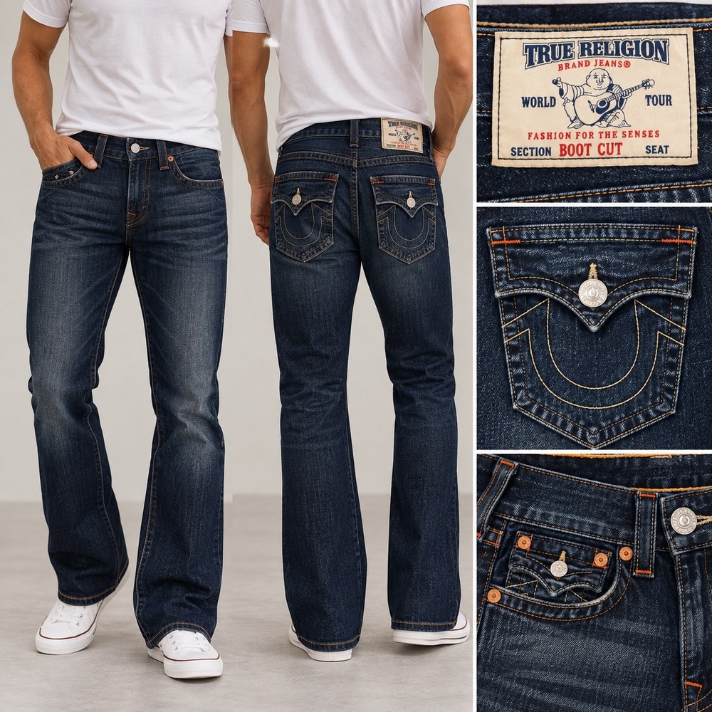 True Religion World Tour Jeans Mens 31 Bootcut Dark Wash Flap Pocket Y2K